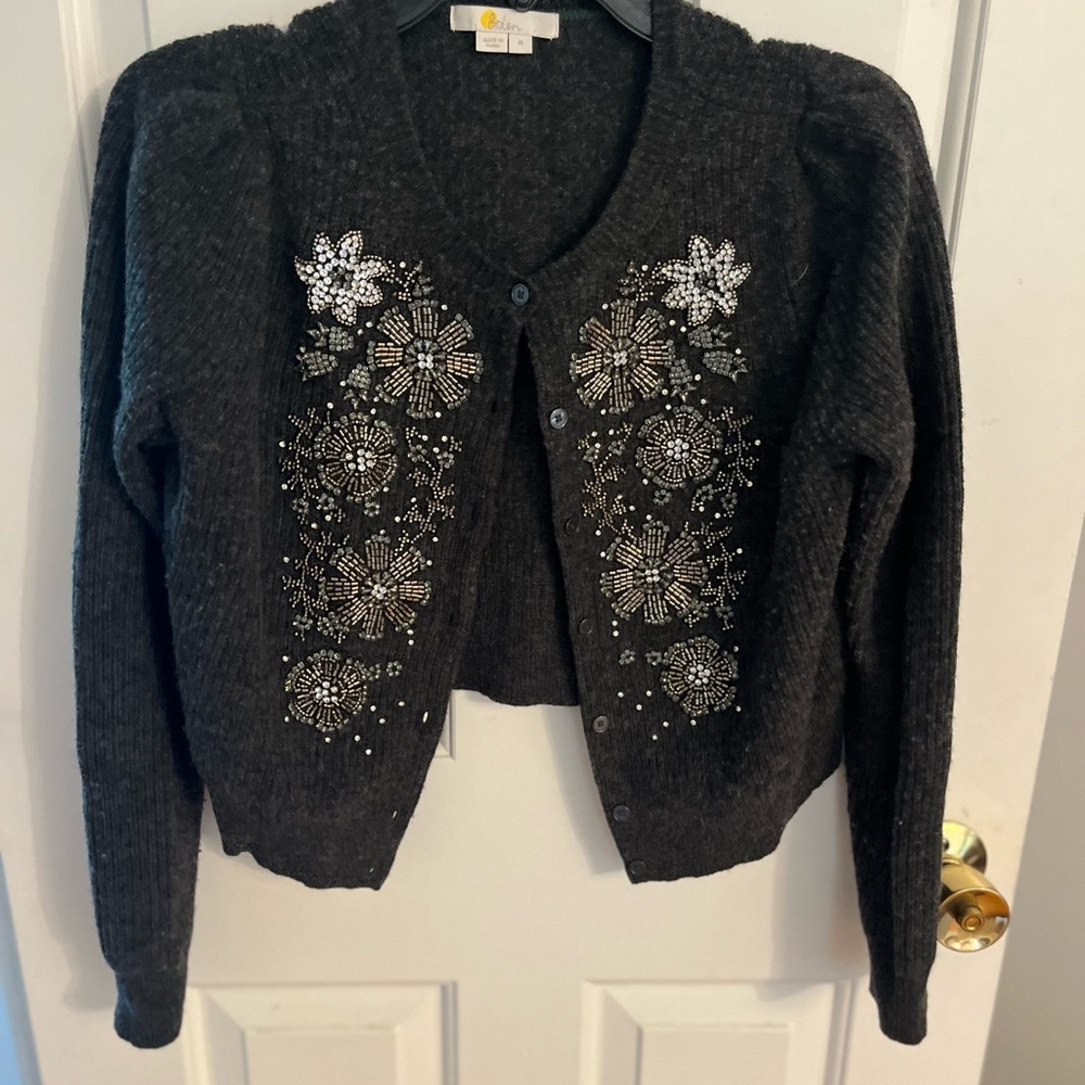 Boden Dark Charcoal Cardigan Sweater with embellishment